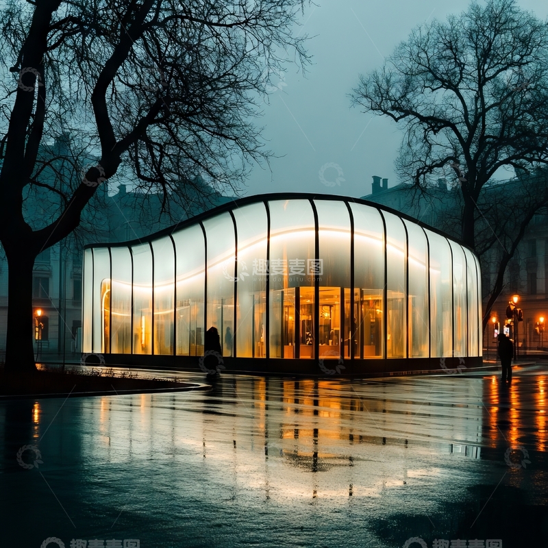 高清大图下载【趣麦麦图】现代玻璃建筑在雨夜中的倒影
