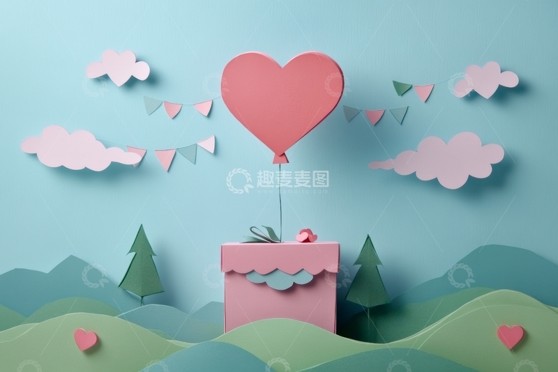 高清大图下载【趣麦麦图】粉色礼盒与心形气球的纸艺风景