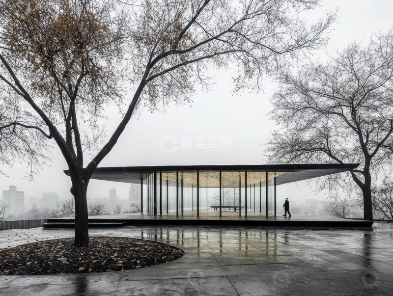 高清大图下载【趣麦麦图】现代玻璃建筑与冬季树木