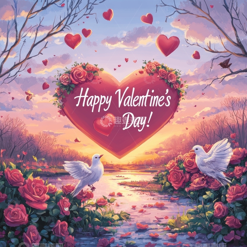 高清大图下载【趣麦麦图】情人节心形贺卡，白鸽与玫瑰环绕