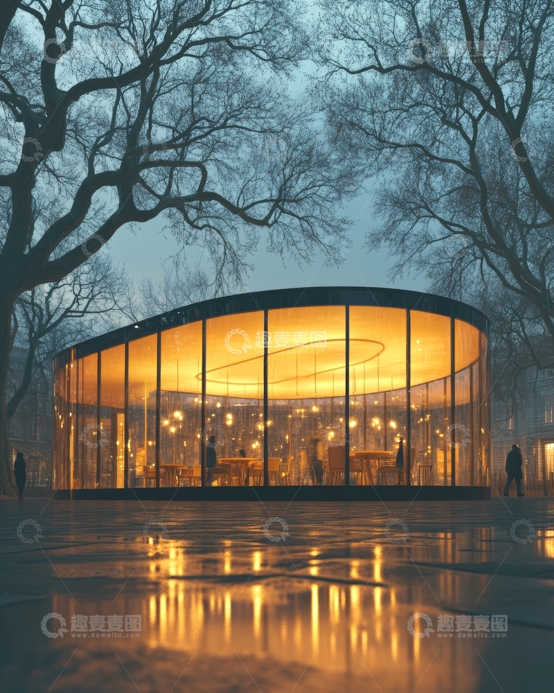 高清大图下载【趣麦麦图】现代圆形玻璃建筑夜景