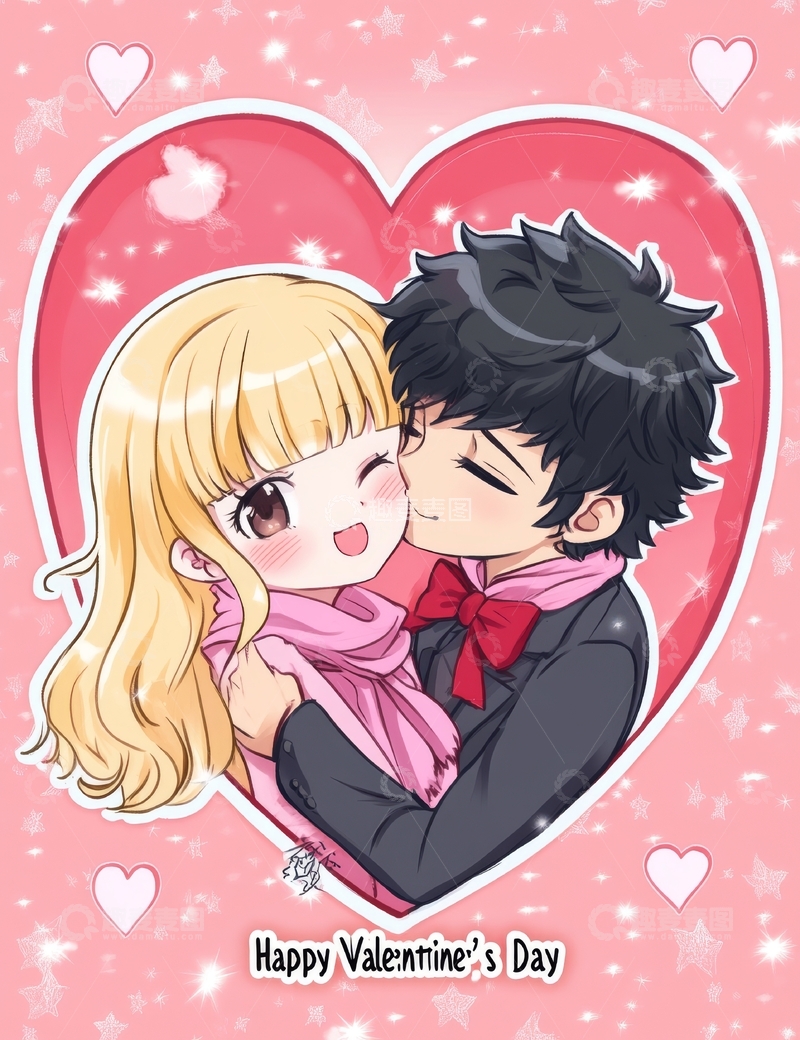 高清大图下载【趣麦麦图】情人节情侣甜蜜接吻插画