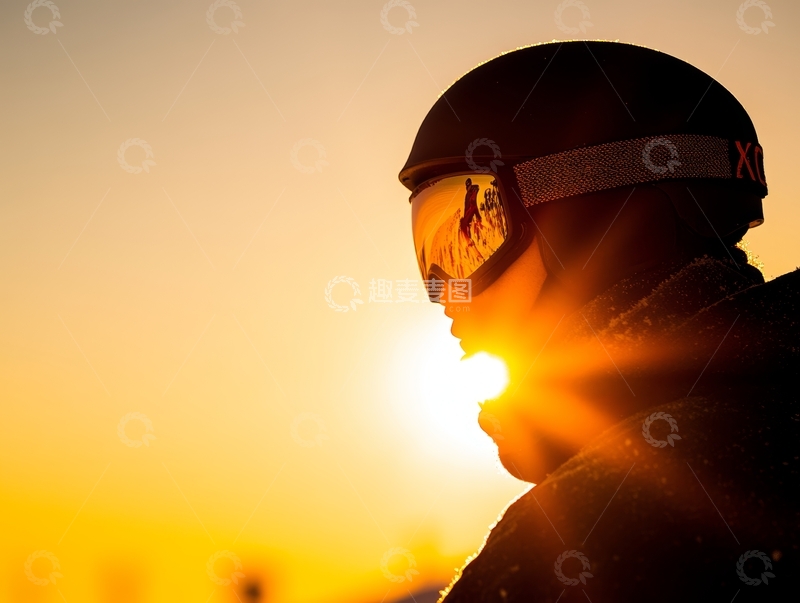 高清大图下载【趣麦麦图】日落时分的滑雪者剪影