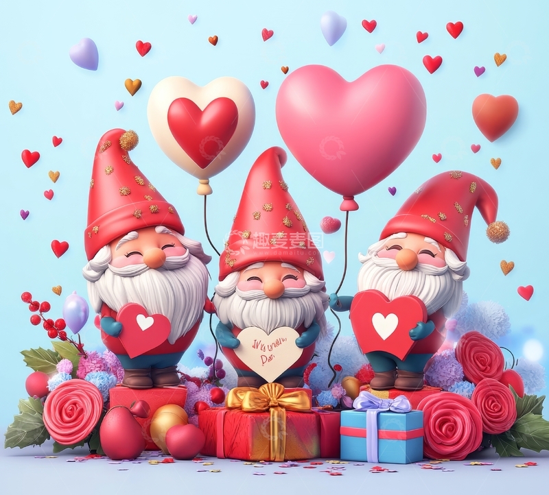 高清大图下载【趣麦麦图】情人节主题小矮人与爱心气球
