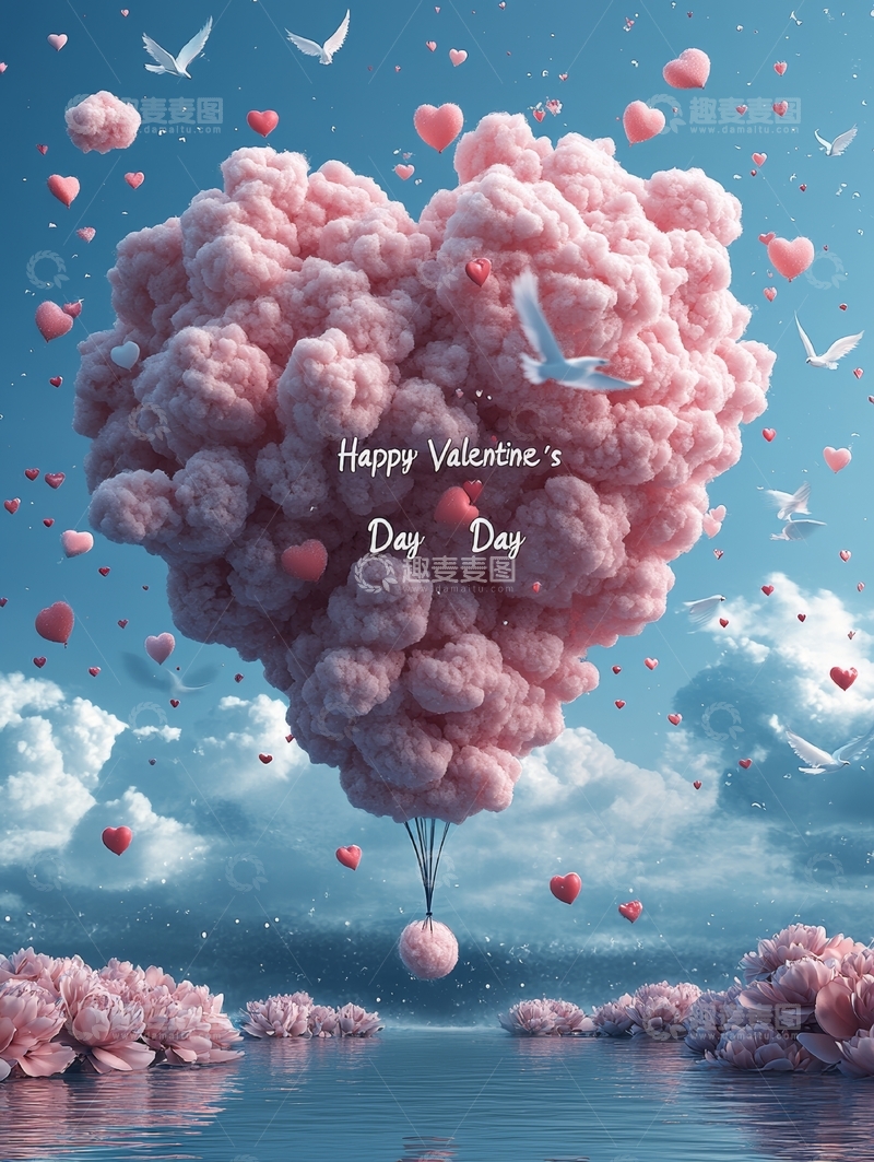高清大图下载【趣麦麦图】情人节心形云朵热气球