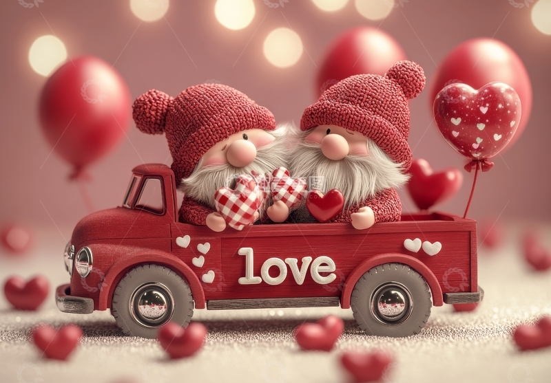 高清大图下载【趣麦麦图】情人节主题小精灵与红色卡车