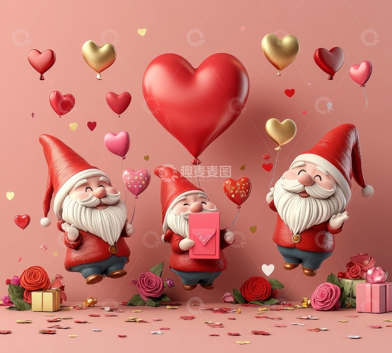 高清大图下载【趣麦麦图】圣诞老人与爱心气球的温馨场景