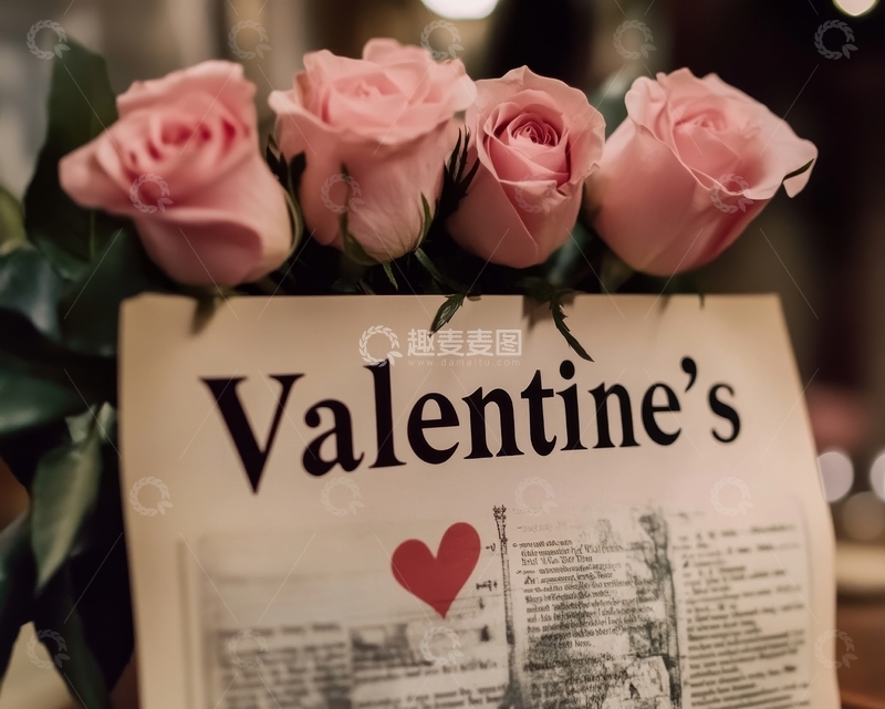 高清大图下载【趣麦麦图】情人节装饰：粉色玫瑰与报纸