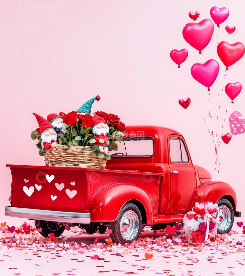 高清大图下载【趣麦麦图】红色复古卡车装载花篮与心形气球