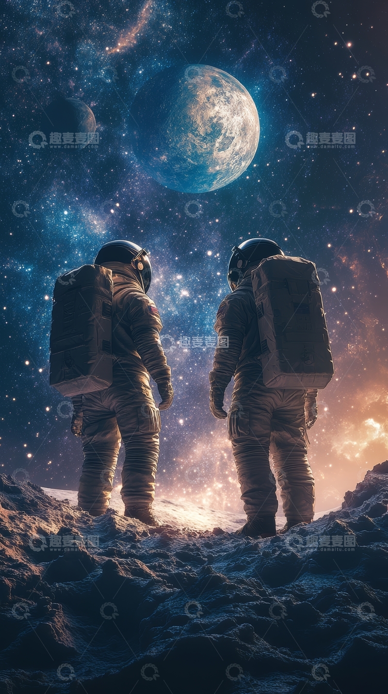 高清大图下载【趣麦麦图】宇航员在月球表面仰望地球