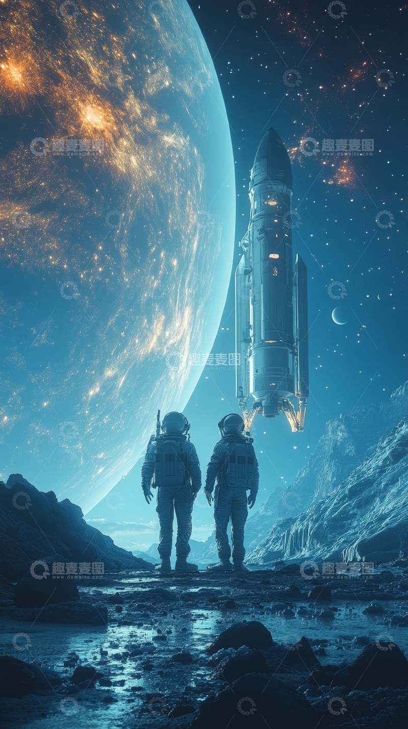 高清大图下载【趣麦麦图】宇航员在星球表面眺望火箭与行星