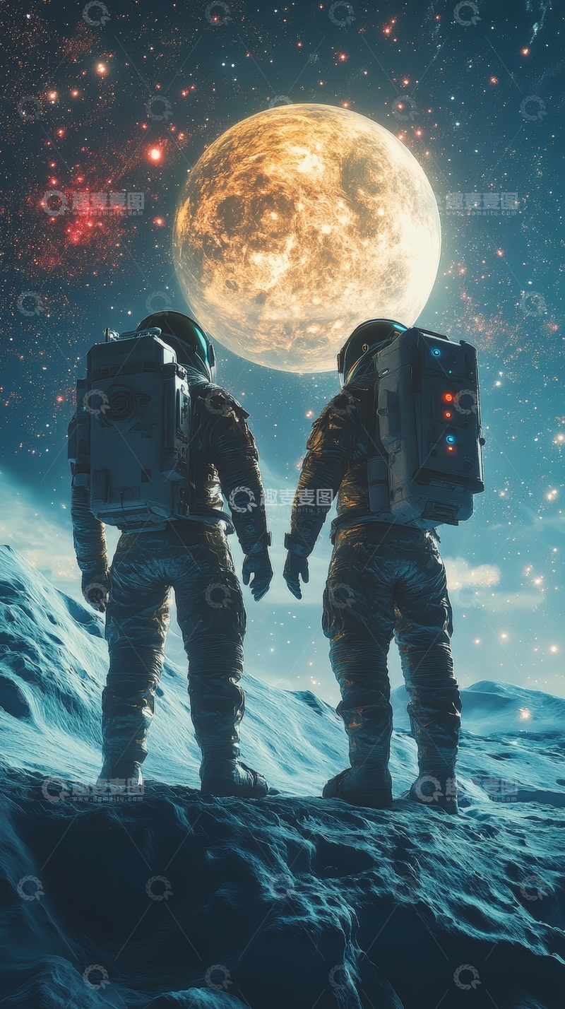 高清大图下载【趣麦麦图】宇航员在月球上仰望巨大行星