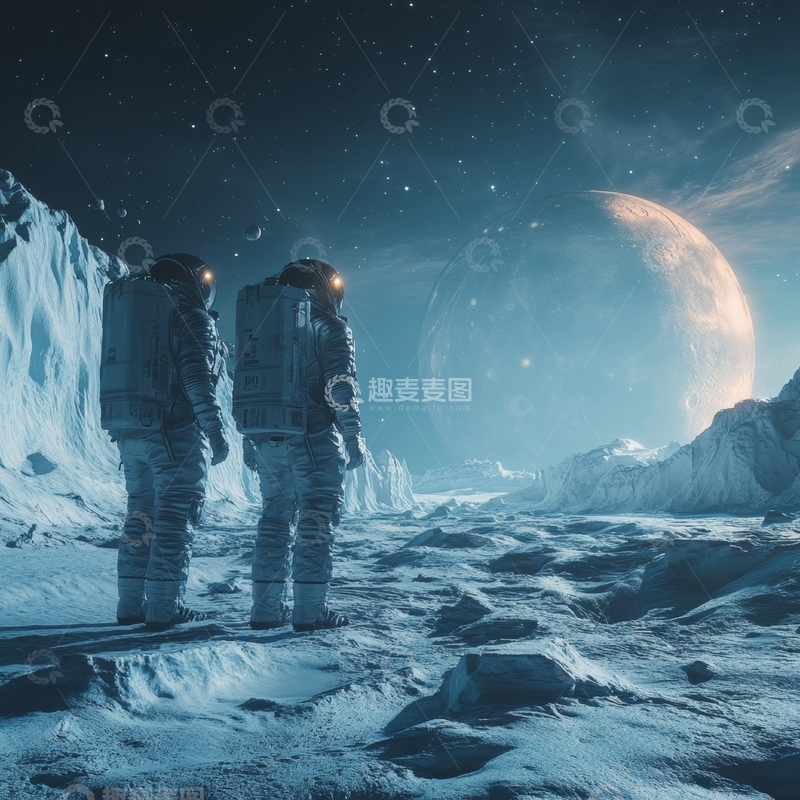 高清大图下载【趣麦麦图】宇航员在月球表面探索神秘星球
