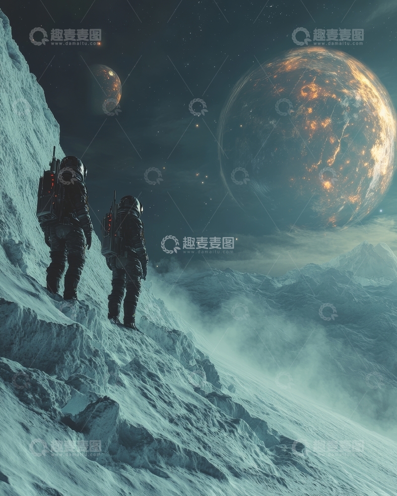 高清大图下载【趣麦麦图】宇航员在月球表面眺望神秘星球