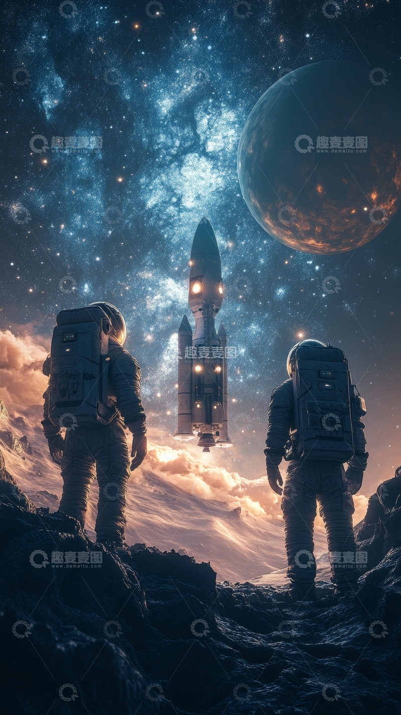 高清大图下载【趣麦麦图】宇航员仰望星空与火箭