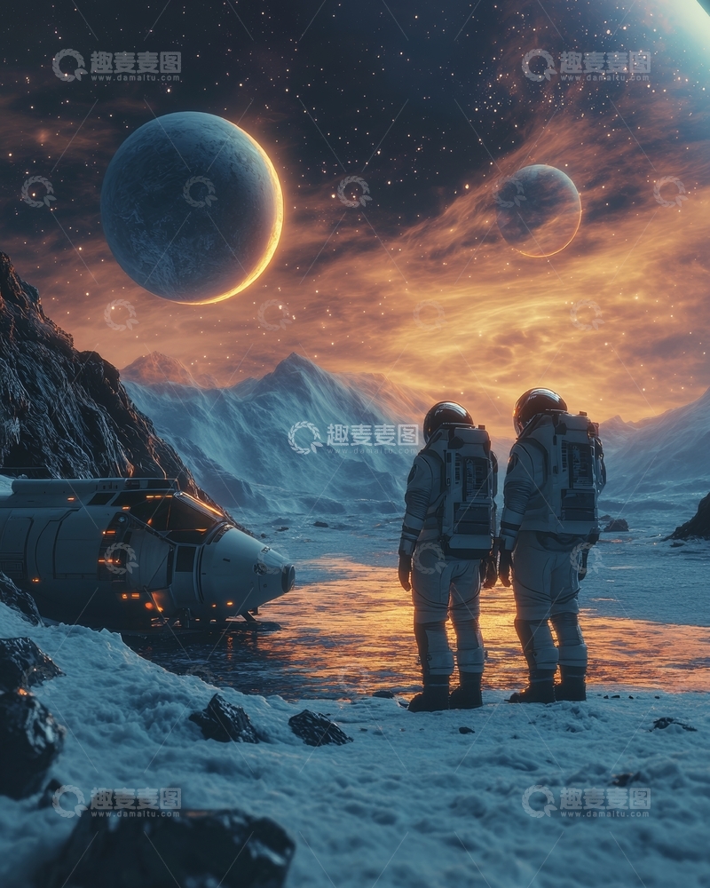 高清大图下载【趣麦麦图】宇航员在异星观赏双月日落