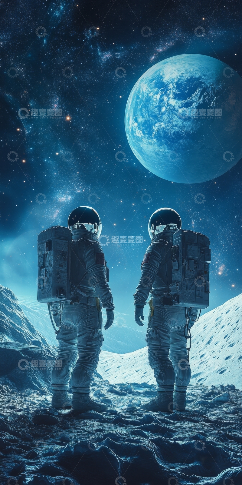 高清大图下载【趣麦麦图】宇航员在月球上眺望地球