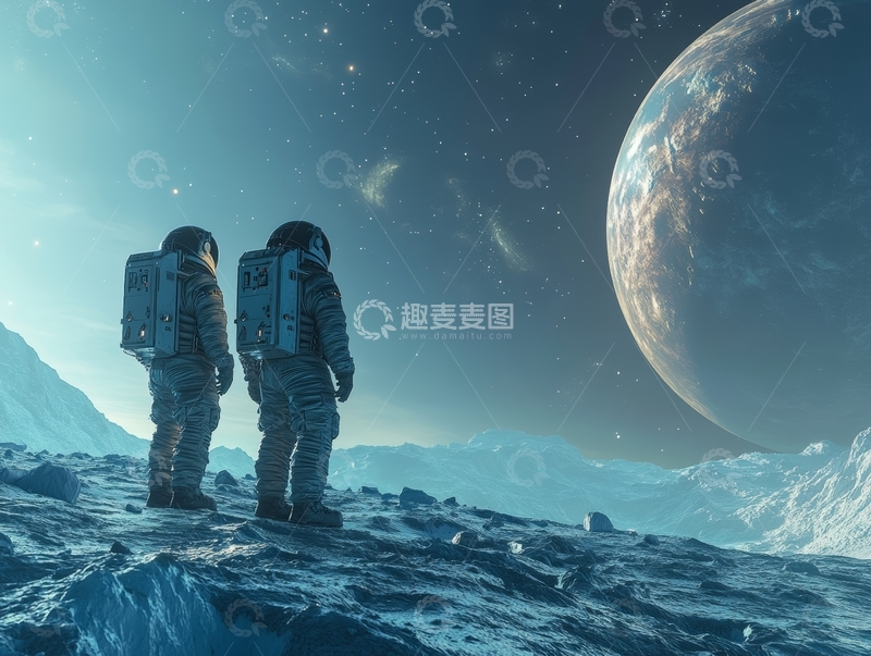 高清大图下载【趣麦麦图】宇航员在异星表面眺望星球