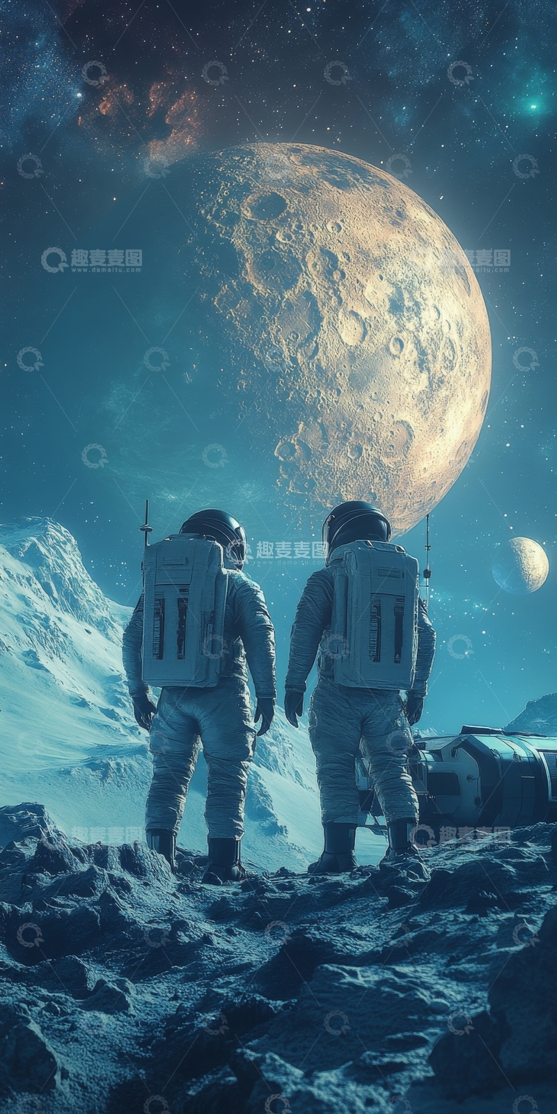 高清大图下载【趣麦麦图】宇航员在月球表面眺望星球