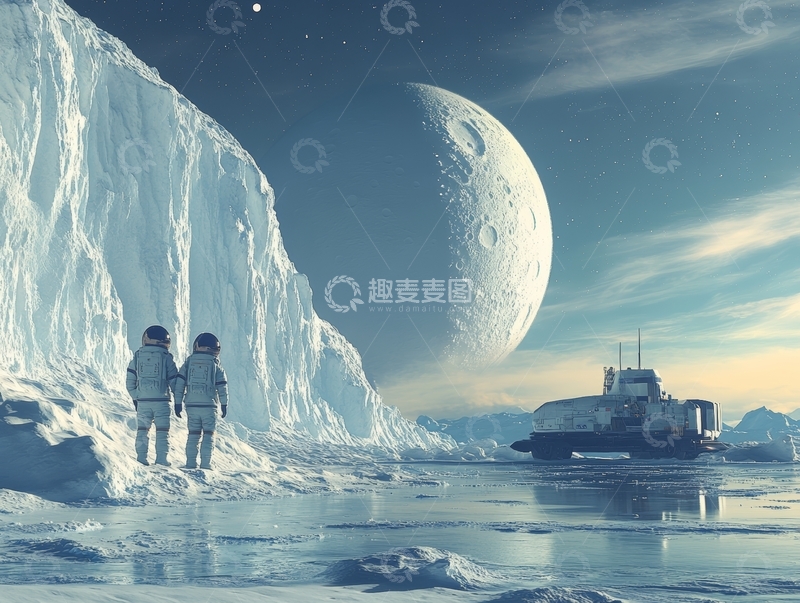 高清大图下载【趣麦麦图】宇航员在冰川星球探索
