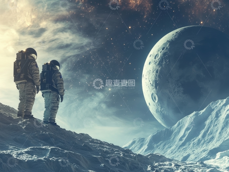 高清大图下载【趣麦麦图】宇航员在星球表面眺望巨大天体