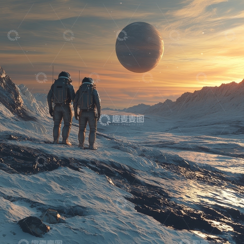 高清大图下载【趣麦麦图】探险者在异星观赏巨大行星