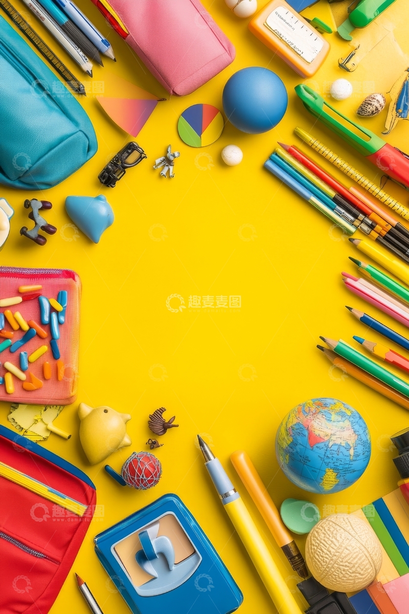 高清大图下载【趣麦麦图】多彩文具排列在黄色背景上