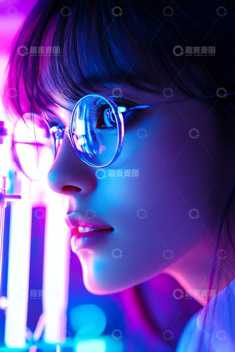 高清大图下载【趣麦麦图】霓虹光影中的眼镜少女