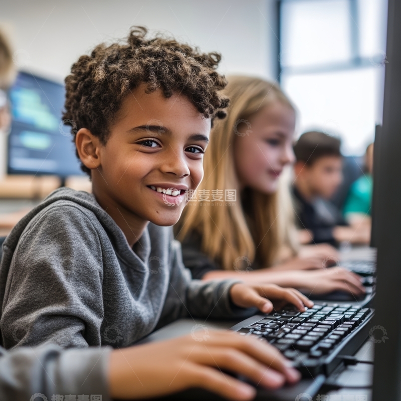 高清大图下载【趣麦麦图】课堂上的孩子使用电脑