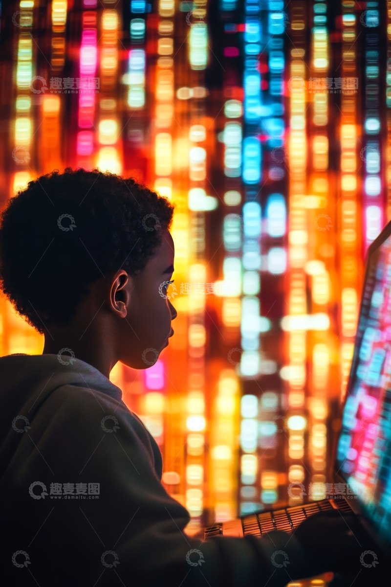 高清大图下载【趣麦麦图】少年专注电脑屏幕，背景色彩斑斓
