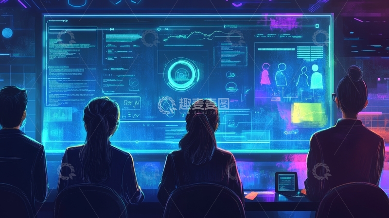 高清大图下载【趣麦麦图】团队成员注视未来科技显示屏