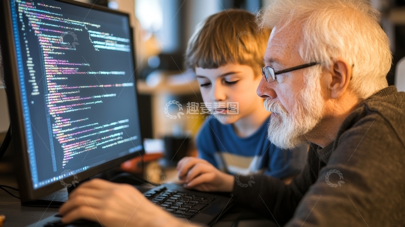 高清大图下载【趣麦麦图】祖孙二人共同编程学习