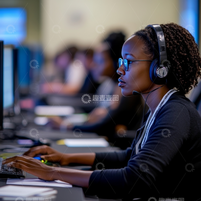 高清大图下载【趣麦麦图】专注工作的女性在电脑前佩戴耳机