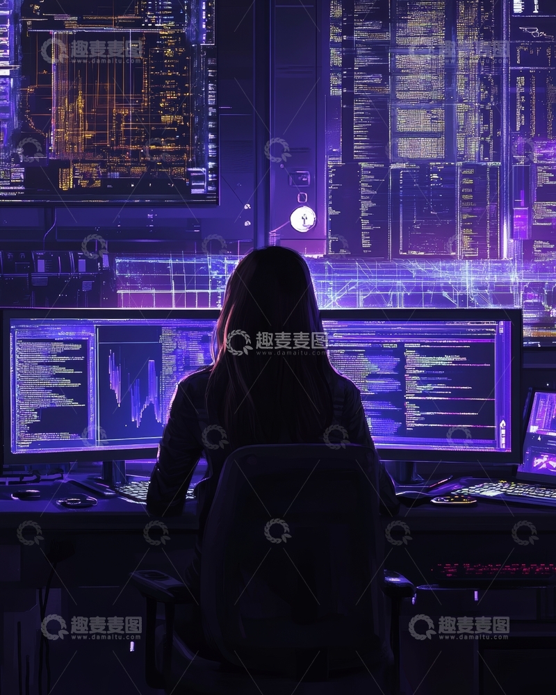 高清大图下载【趣麦麦图】程序员在多屏工作站前工作