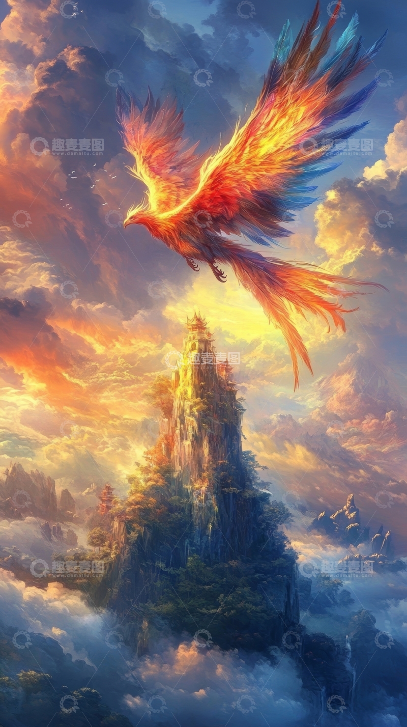 高清大图下载【趣麦麦图】凤凰展翅飞越神秘山巅