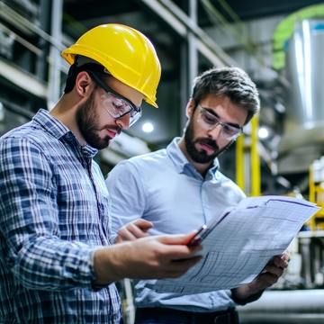 工业现场两位工程师查看图纸