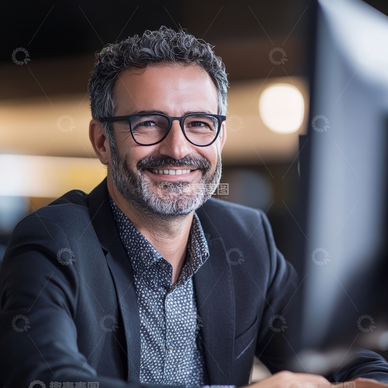 高清大图下载【趣麦麦图】微笑男子在电脑前工作