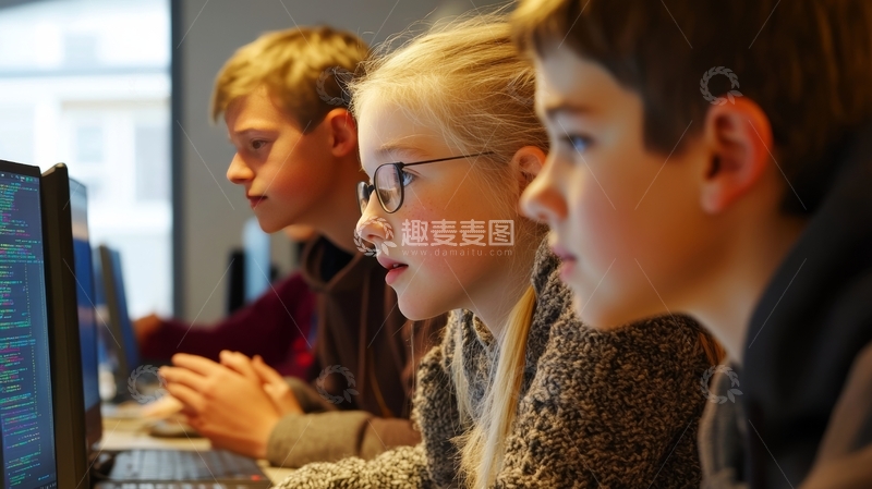 高清大图下载【趣麦麦图】孩子们专注地在电脑前编程