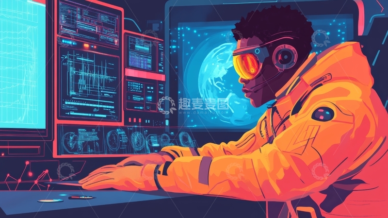 高清大图下载【趣麦麦图】未来宇航员操作高科技控制台