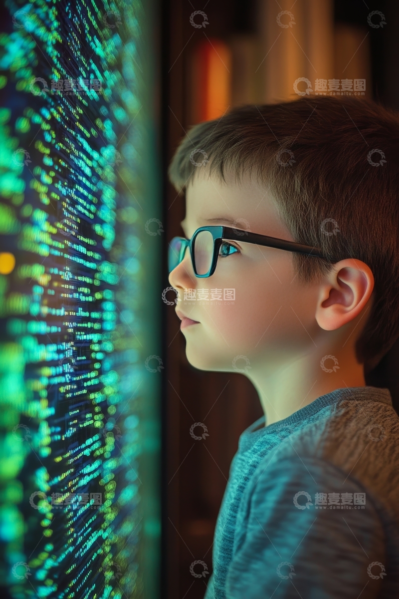 高清大图下载【趣麦麦图】戴眼镜的小男孩专注看着屏幕上的代码