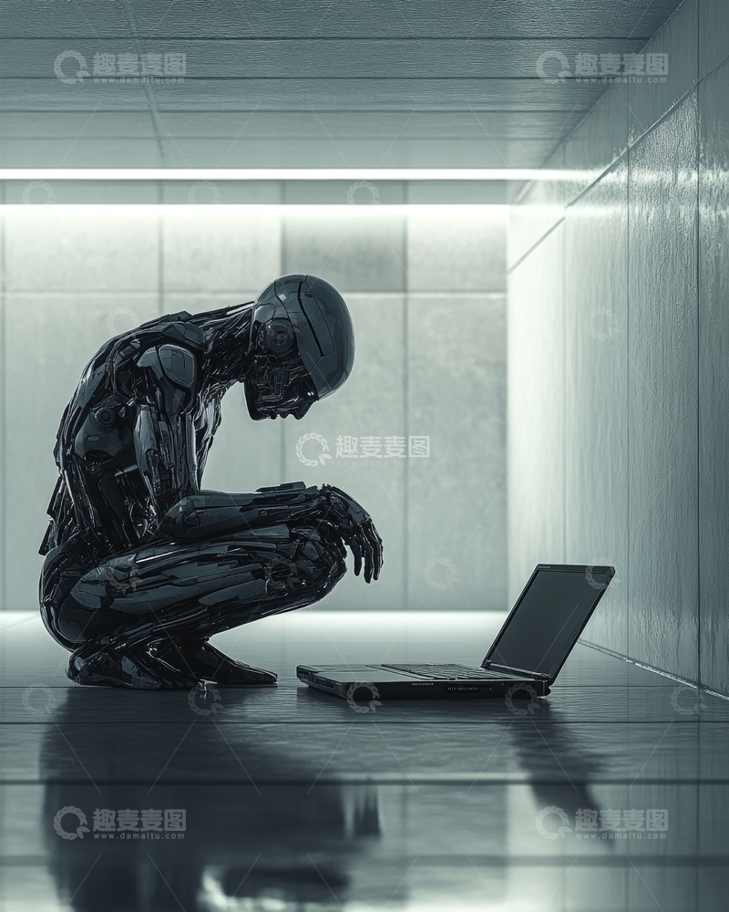 高清大图下载【趣麦麦图】机器人低头注视笔记本电脑
