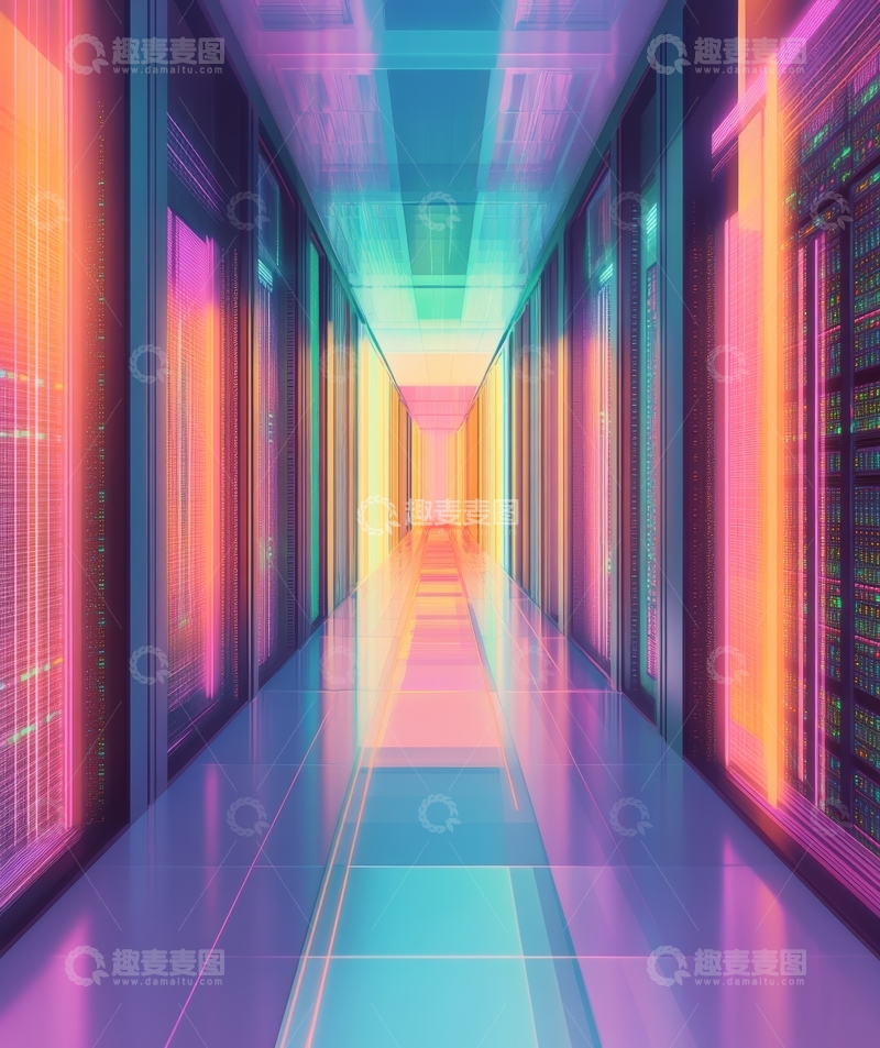 高清大图下载【趣麦麦图】霓虹色彩的服务器走廊