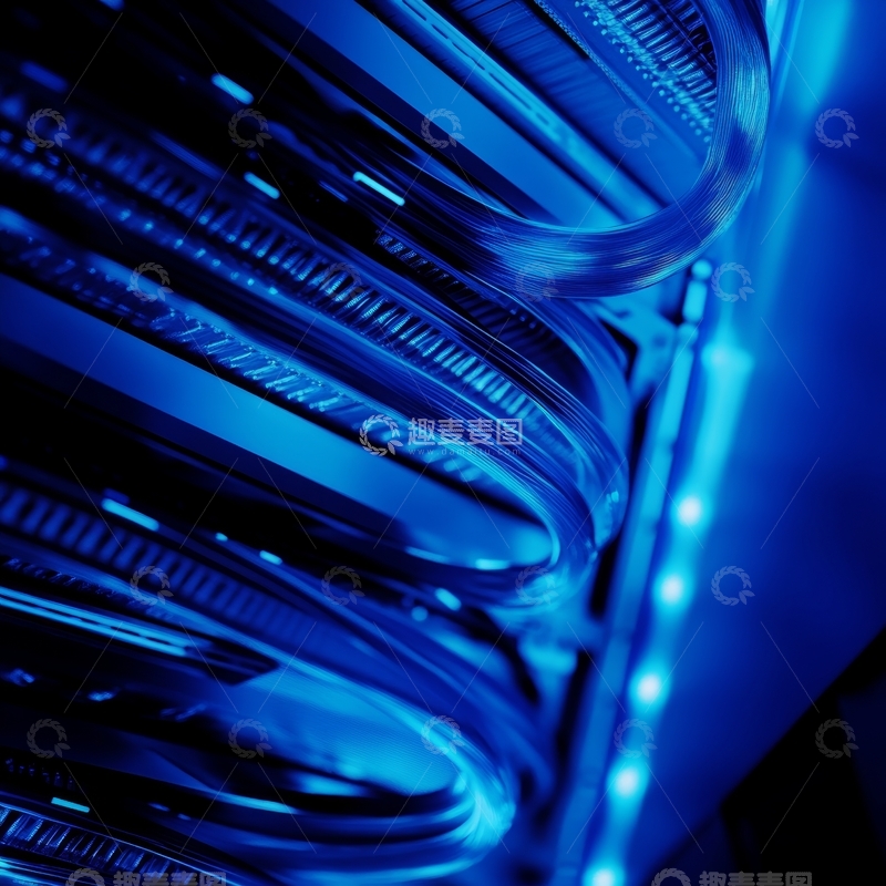 高清大图下载【趣麦麦图】蓝色光纤连接的服务器机架