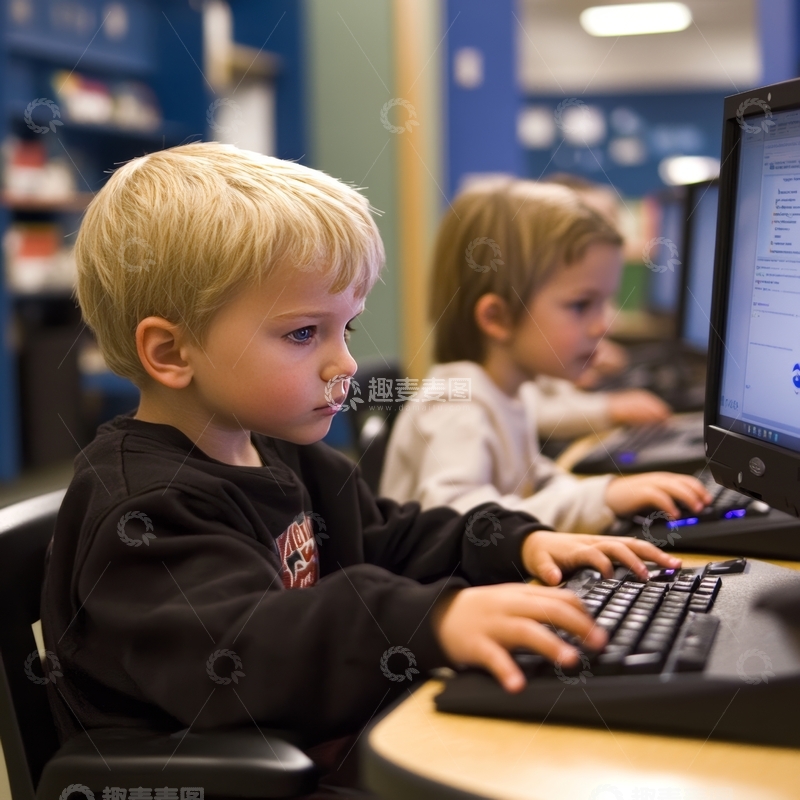 高清大图下载【趣麦麦图】儿童在图书馆使用电脑