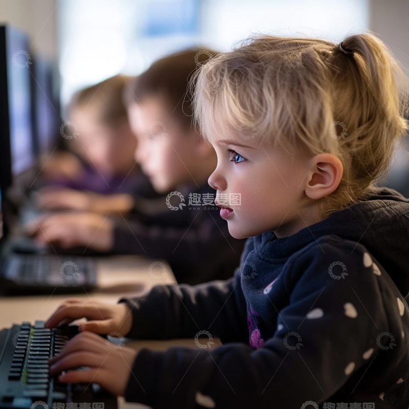 高清大图下载【趣麦麦图】儿童专注使用电脑学习