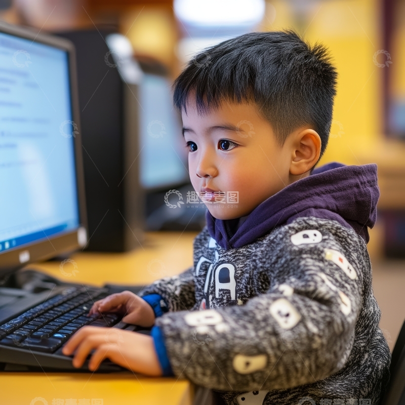 高清大图下载【趣麦麦图】小男孩专注地使用电脑