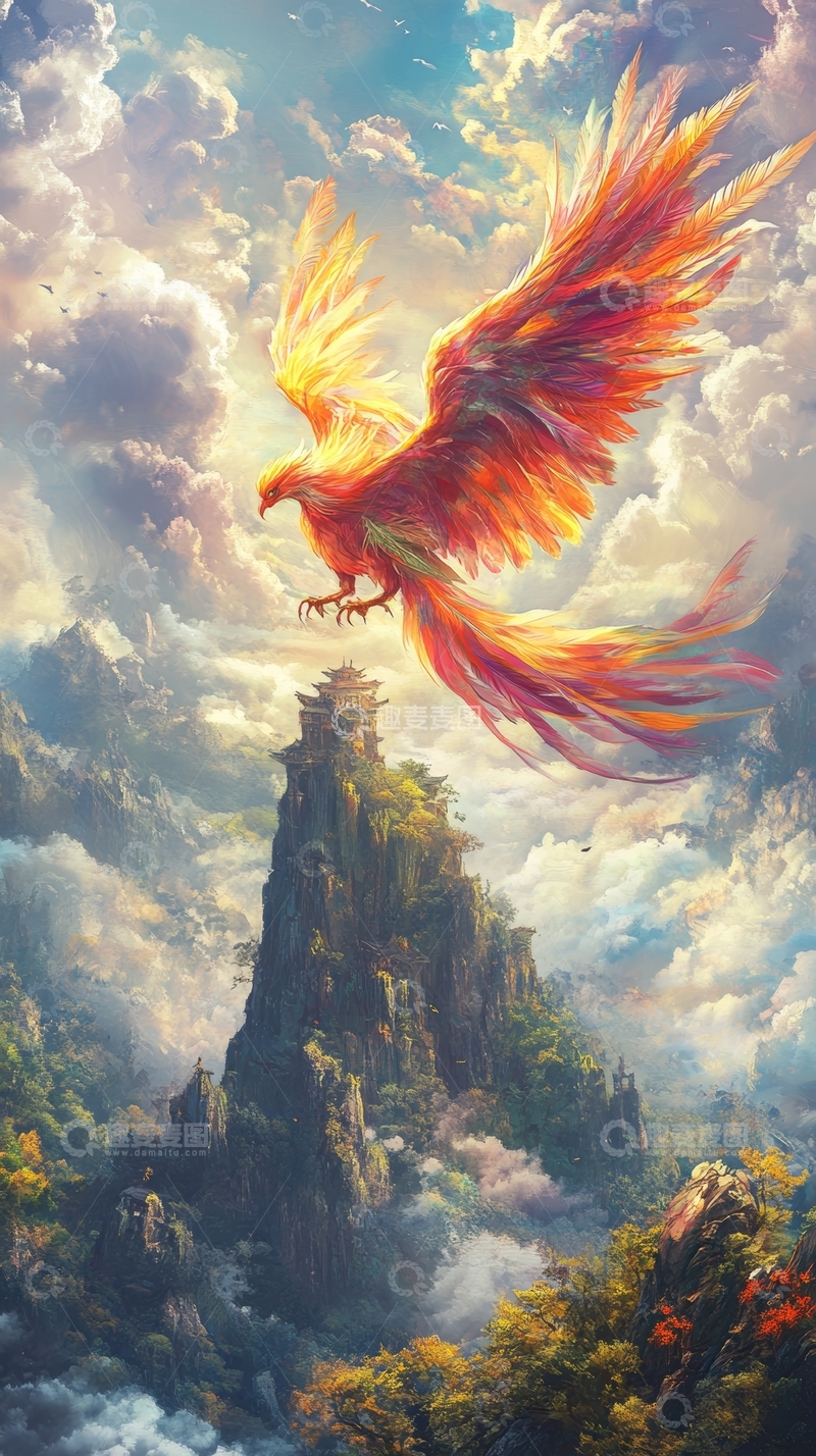 高清大图下载【趣麦麦图】凤凰展翅高飞于云雾山巅