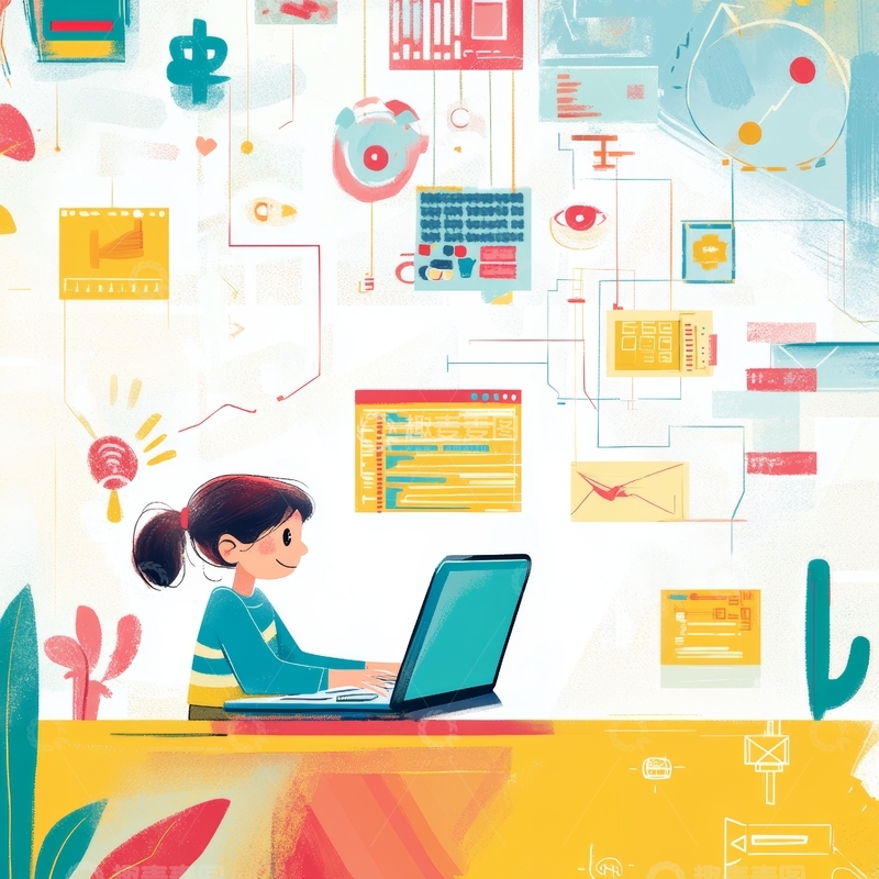 高清大图下载【趣麦麦图】女孩专注使用笔记本电脑，周围环绕信息图表