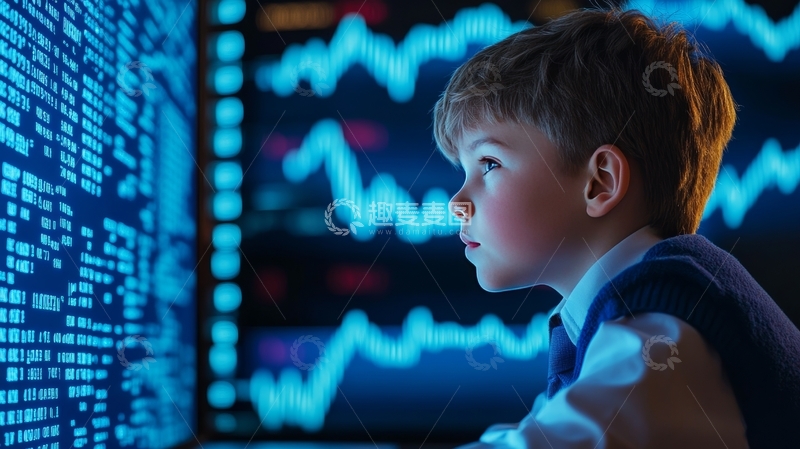 高清大图下载【趣麦麦图】小男孩注视着股票市场显示屏
