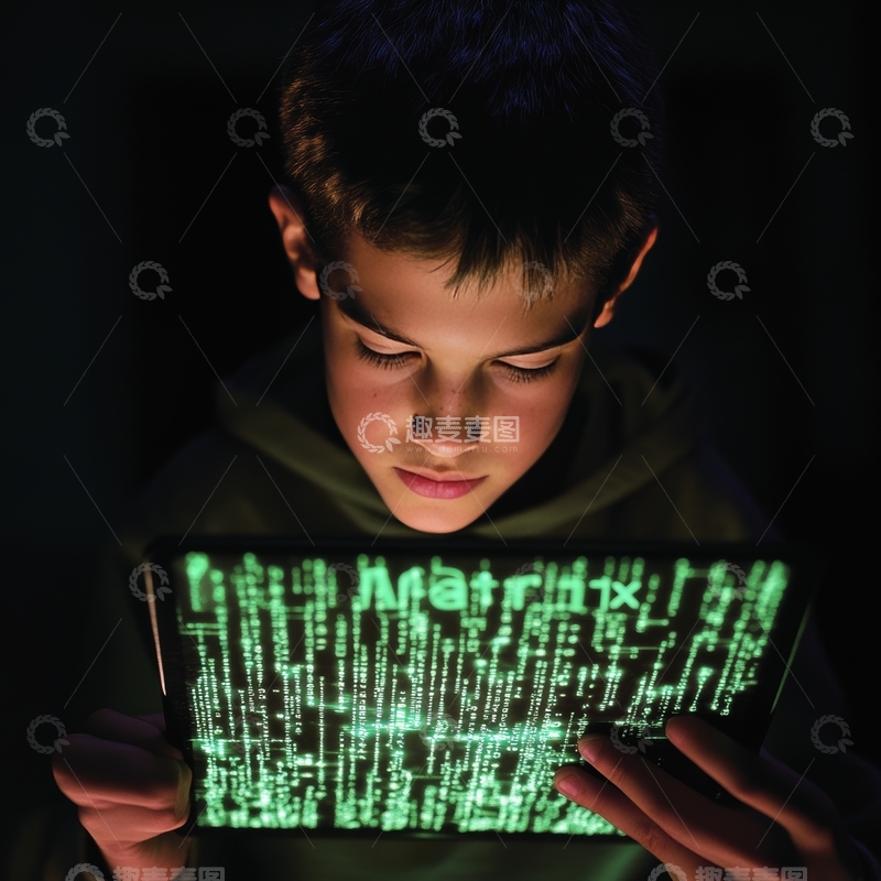 高清大图下载【趣麦麦图】少年专注观看屏幕上的绿色代码